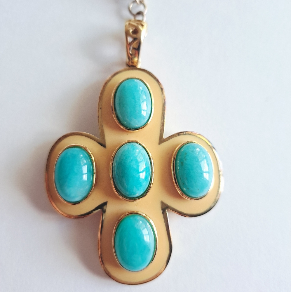 Angelique de Paris Cream Cross Pendant With Turquoise Stones